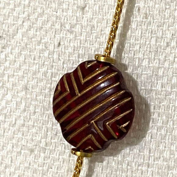 Textured Red Glass Accents Long Gold Chain Necklace 42" Boho Career Preppy - Picture 3 of 4